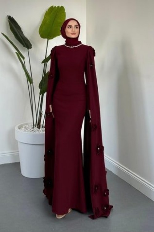 Aliya Pelerini Güllü balık abiye Bordo