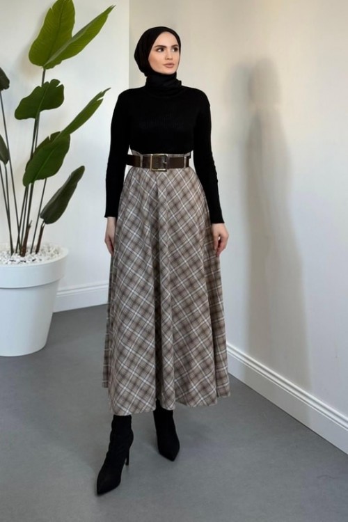 Hare Kemerli ekose desen etek Sütlü kahve