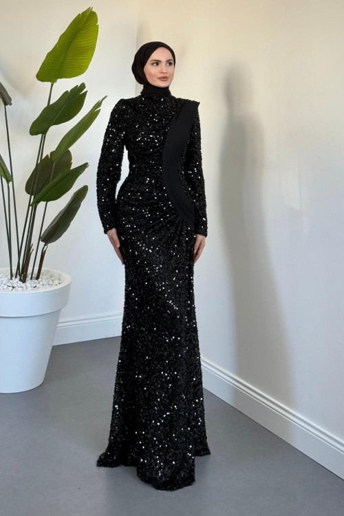  Felina Önden Drape Balık Abiye Siyah