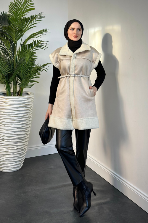 Adonis İçi Kürklü Kemerli Yelek Krem