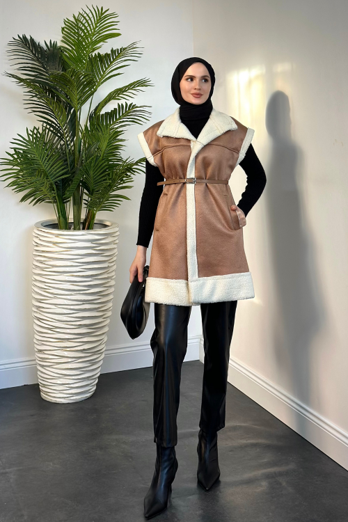 Adonis İçi Kürklü Kemerli Yelek Taba