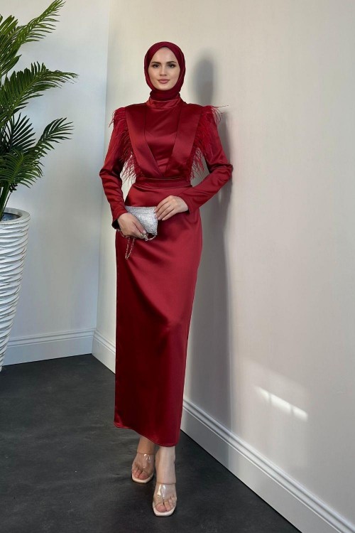 Adorle Kalem Saten Abiye Bordo