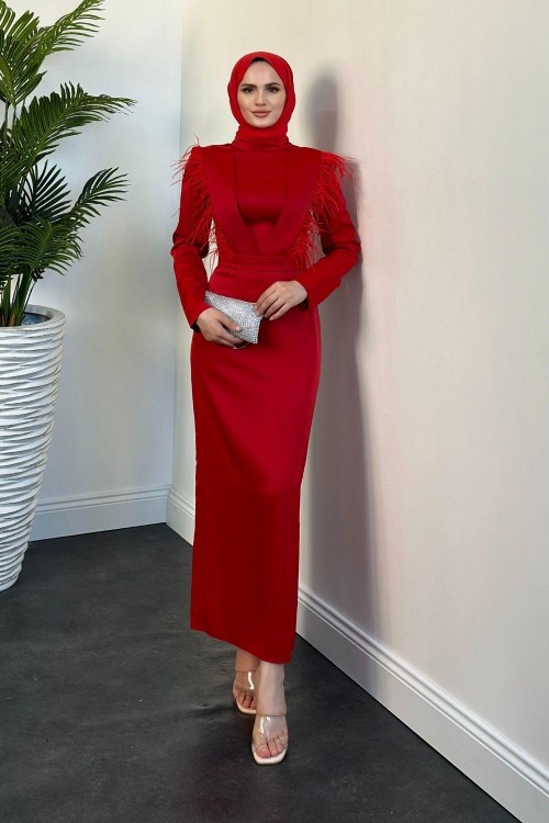 Adorle Kalem Saten Abiye Kırmızı