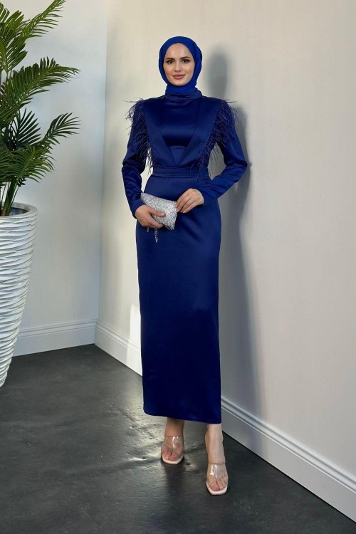 Adorle Kalem Saten Abiye Lacivert