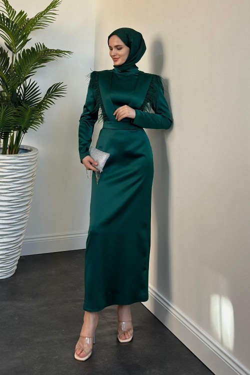 Adorle Kalem Saten Abiye Zümrüt