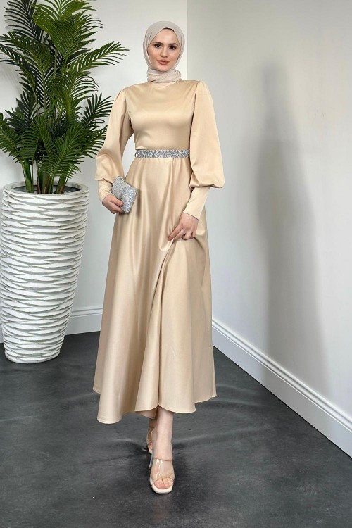 Afra Beli Taşlı Balon Kol Abiye Ekru