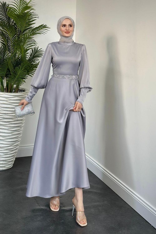 Afra Beli Taşlı Balon Kol Abiye Gri