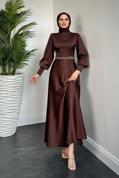 Afra Beli Taşlı Balon Kol Abiye Kahverengi