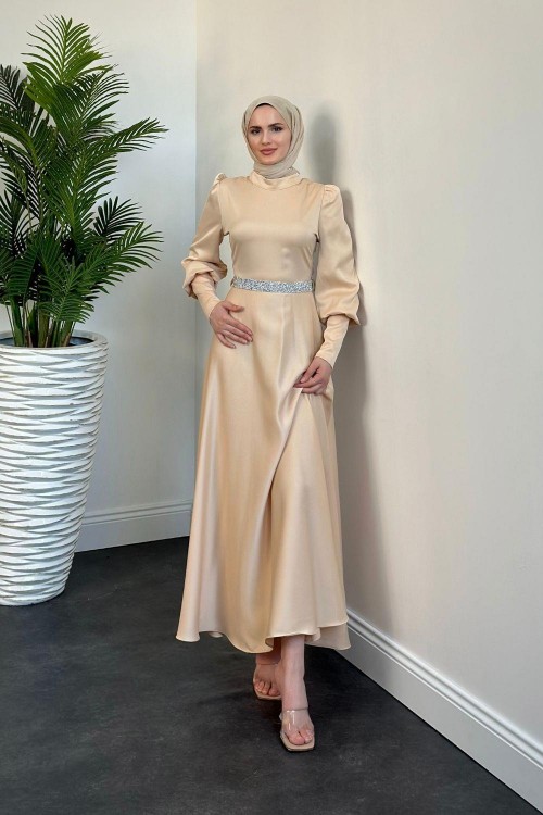 Afra Beli Taşlı Balon Kol Abiye Krem