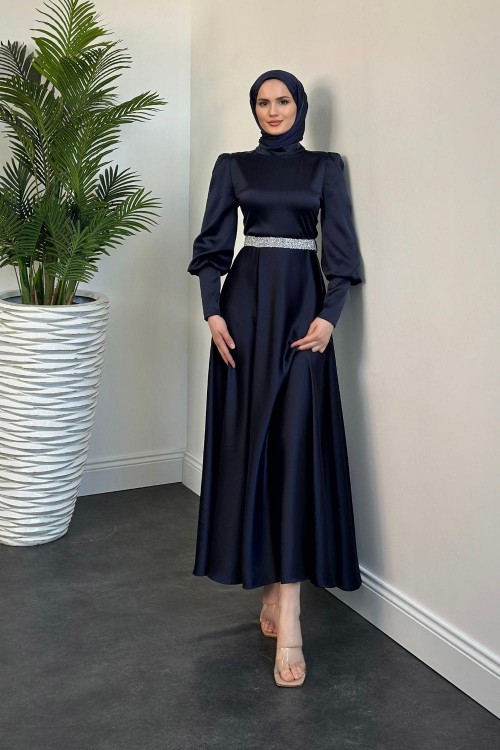 Afra Beli Taşlı Balon Kol Abiye Lacivert