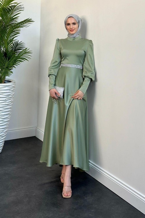 Afra Beli Taşlı Balon Kol Abiye Mint