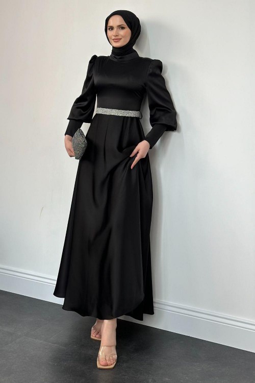 Afra Beli Taşlı Balon Kol Abiye Siyah