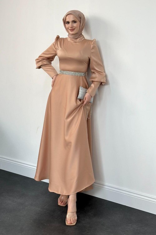 Afra Beli Taşlı Balon Kol Abiye Somon