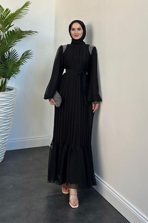 Afrodit Boyun Ve Omuzları Taşlı Janjan Abiye Siyah
