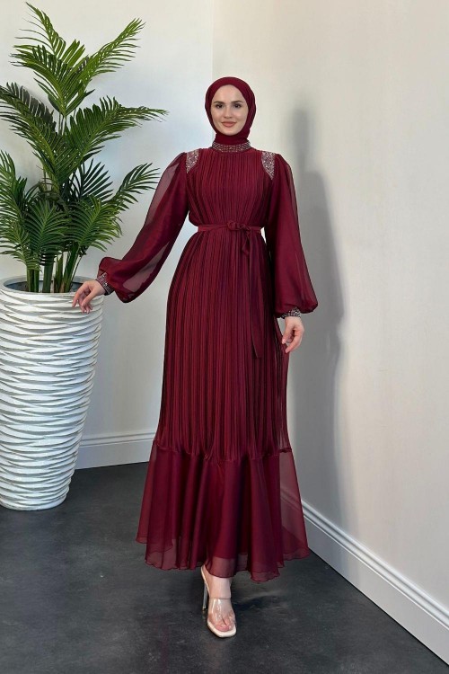 Afrodit Boyun Ve Omuzları Taşlı Janjan Abiye Bordo