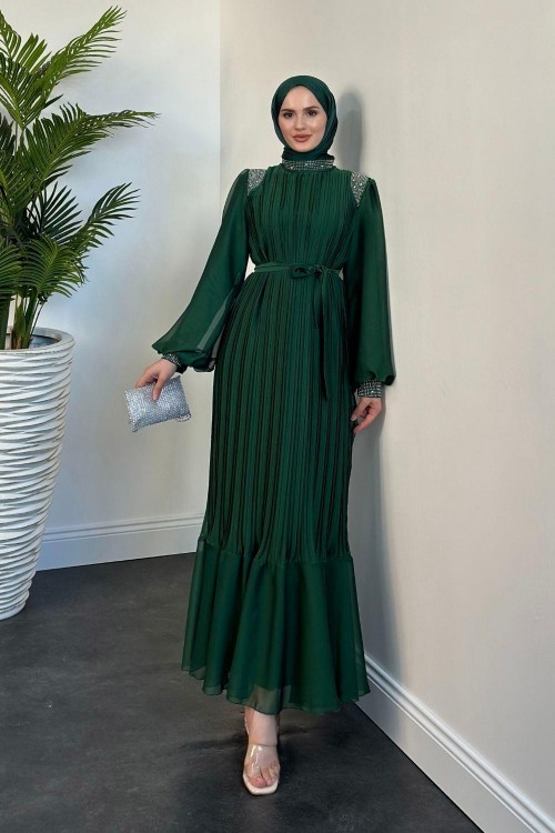 Afrodit Boyun Ve Omuzları Taşlı Janjan Abiye Zümrüt