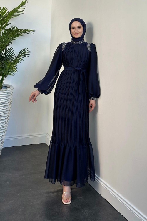 Afrodit Boyun Ve Omuzları Taşlı Janjan Abiye Lacivert