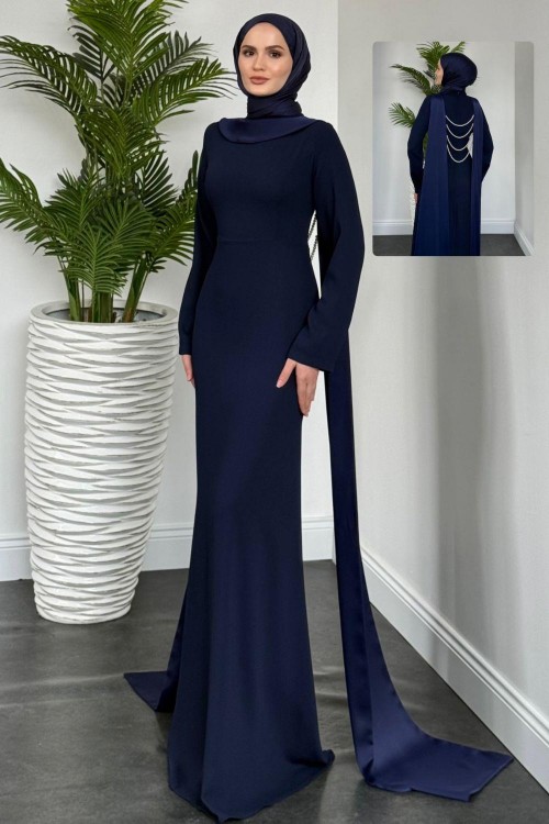 Agnes Arkası İnci Kolyeli Abiye Lacivert