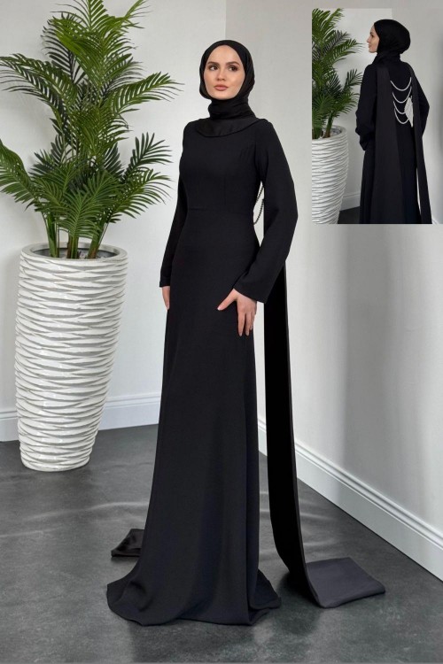 Agnes Arkası İnci Kolyeli Abiye Siyah