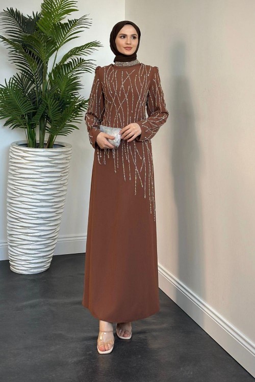 Alba Sarmaşık Taşlı Abiye Kahverengi