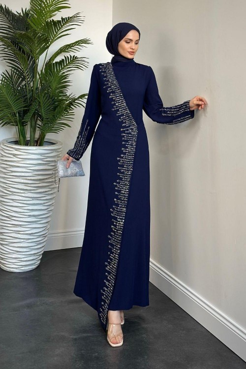 Alecta Yandan Simetrik Taşlı Abiye Lacivert