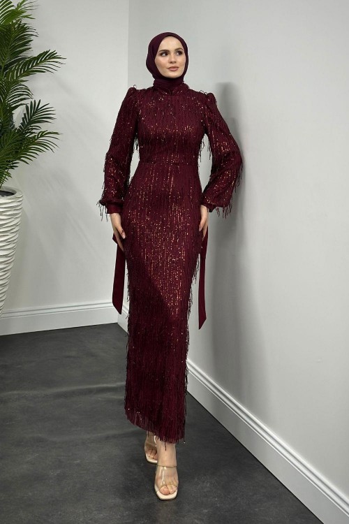 Alena Püsküllü Pullu Kalem Abiye Bordo