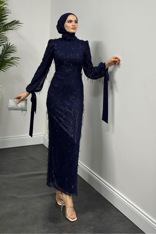 Alena Püsküllü Pullu Kalem Abiye Lacivert