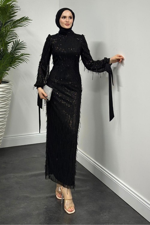 Alena Püsküllü Pullu Kalem Abiye Siyah