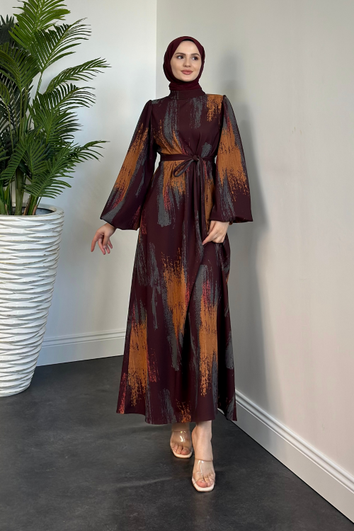 Alessa Fırça Desen Balon Kol Elbise Bordo