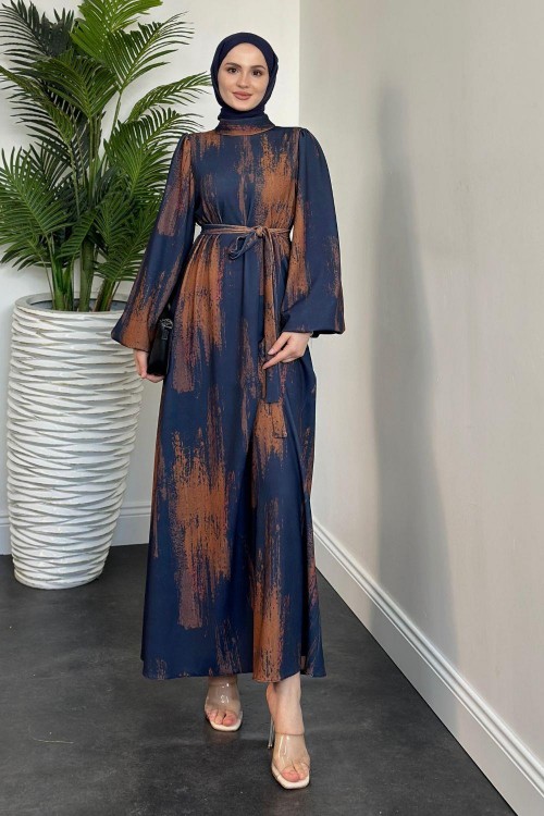 Alessa Fırça Desen Balon Kol Elbise Lacivert