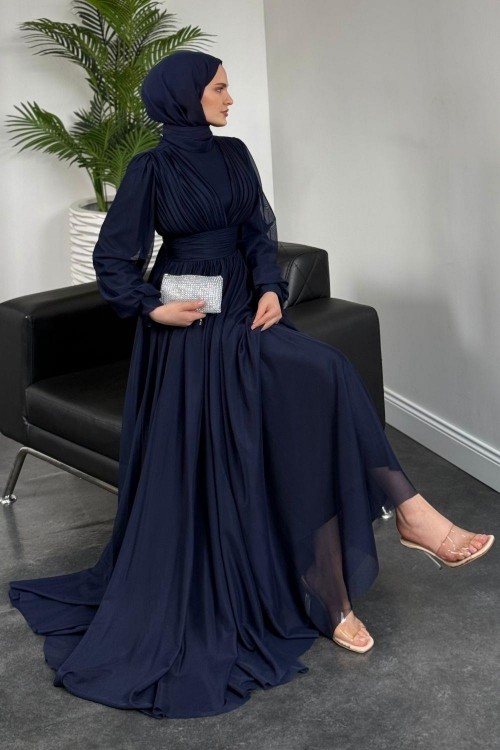 Alessi Beli Drapeli Tül Abiye Lacivert