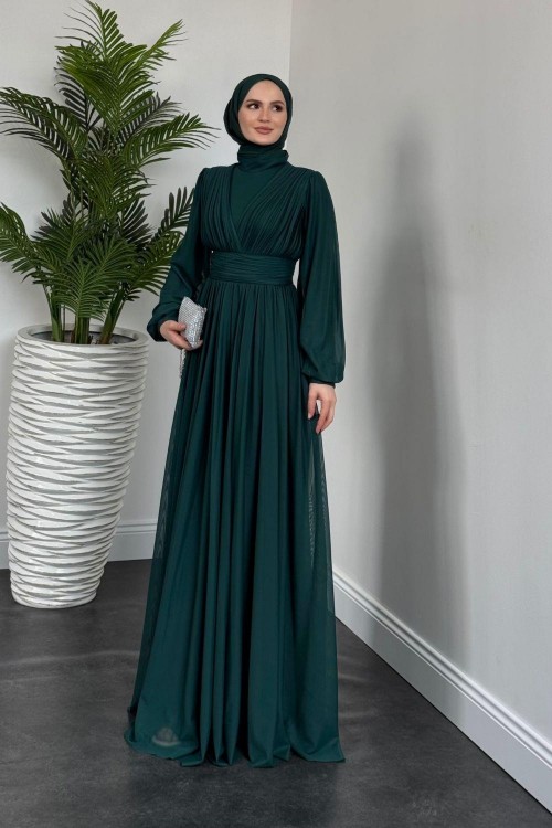 Alessi Beli Drapeli Tül Abiye Zümrüt