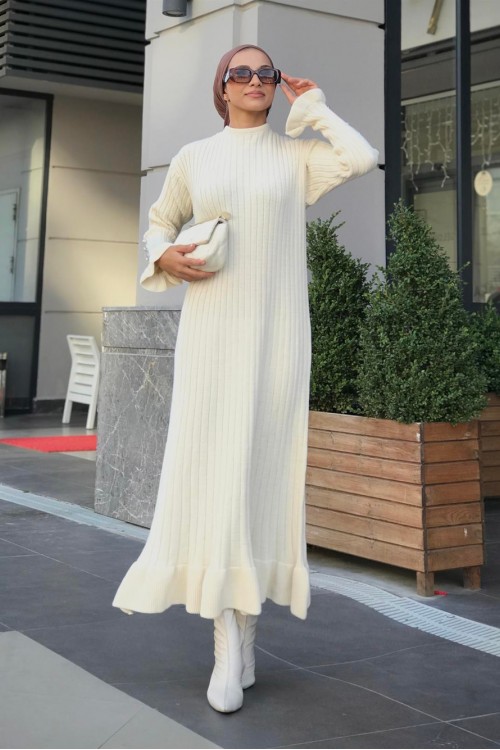 Alice Kolu Düğmeli Triko Elbise Krem