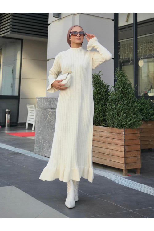 Alice Kolu Düğmeli Triko Elbise Krem