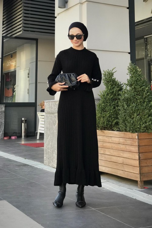 Alice Kolu Düğmeli Triko Elbise Siyah