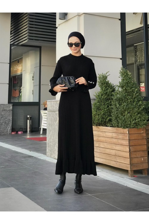 Alice Kolu Düğmeli Triko Elbise Siyah