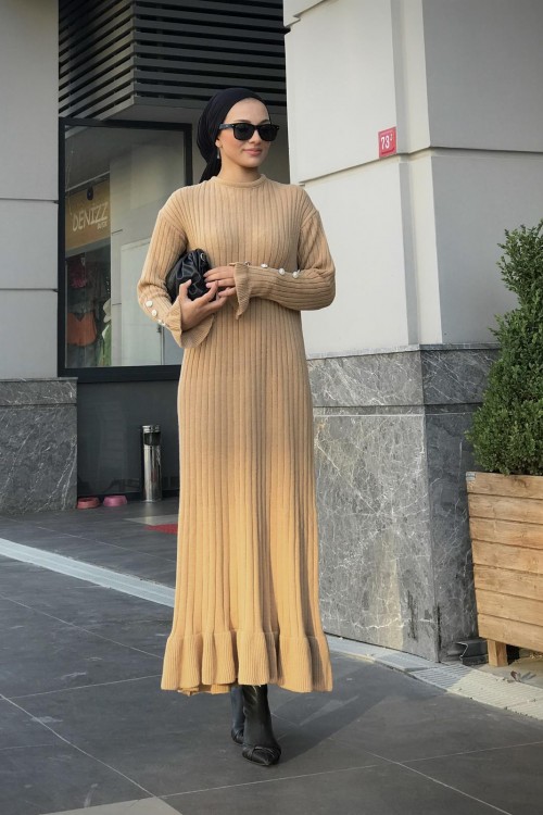 Alice Kolu Düğmeli Triko Elbise SütlüKahve