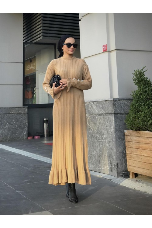 Alice Kolu Düğmeli Triko Elbise SütlüKahve