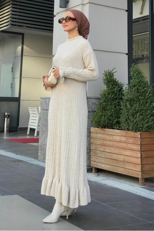 Alice Kolu Düğmeli Triko Elbise Vizon