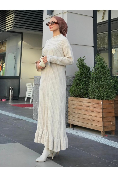 Alice Kolu Düğmeli Triko Elbise Vizon