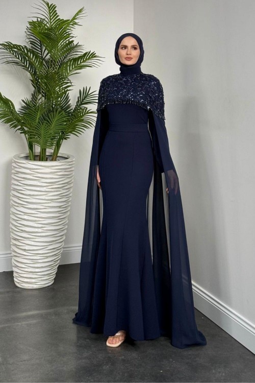 Alida Üstü Boncuk Pelerinli Abiye Lacivert