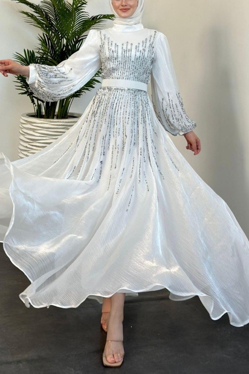 Alina Taş İşlemeli Organze Abiye Beyaz