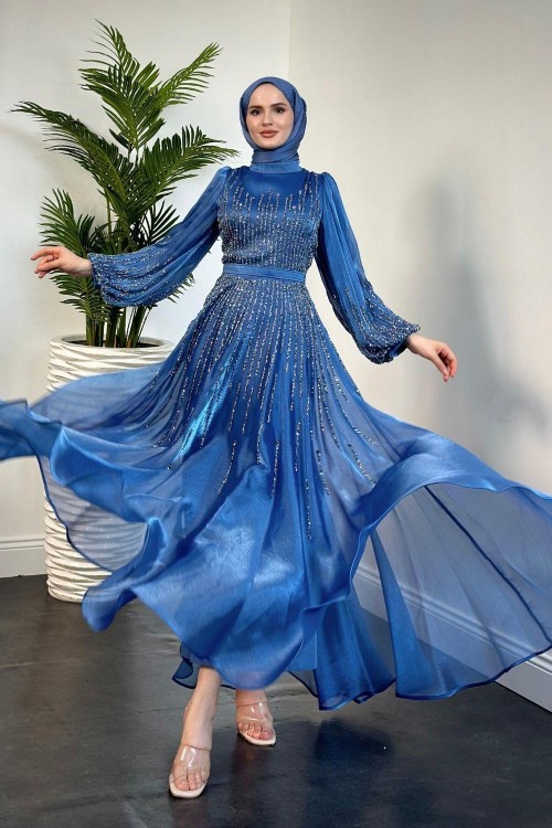 Alina Taş İşlemeli Organze Abiye İndigo