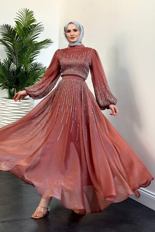 Alina Taş İşlemeli Organze Abiye Kiremit