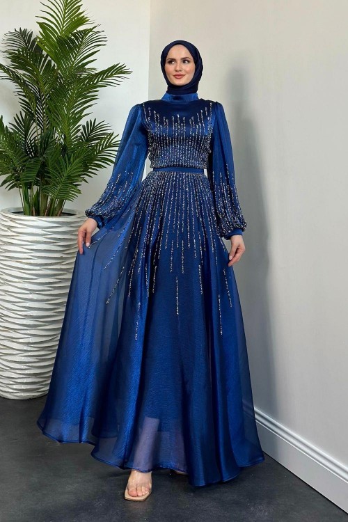 Alina Taş İşlemeli Organze Abiye Lacivert