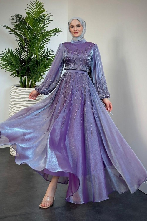 Alina Taş İşlemeli Organze Abiye Lila