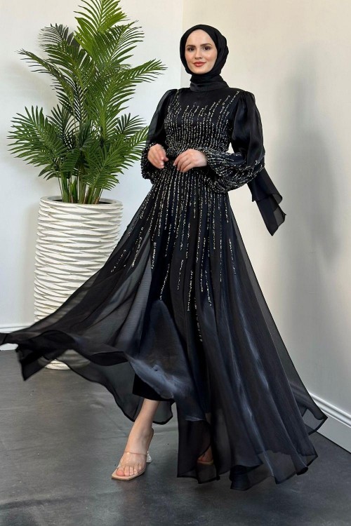 Alina Taş İşlemeli Organze Abiye Siyah
