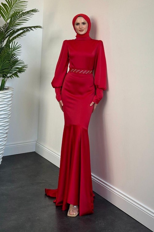 Nellie Kemeri Taşlı Balık Abiye Kırmızı