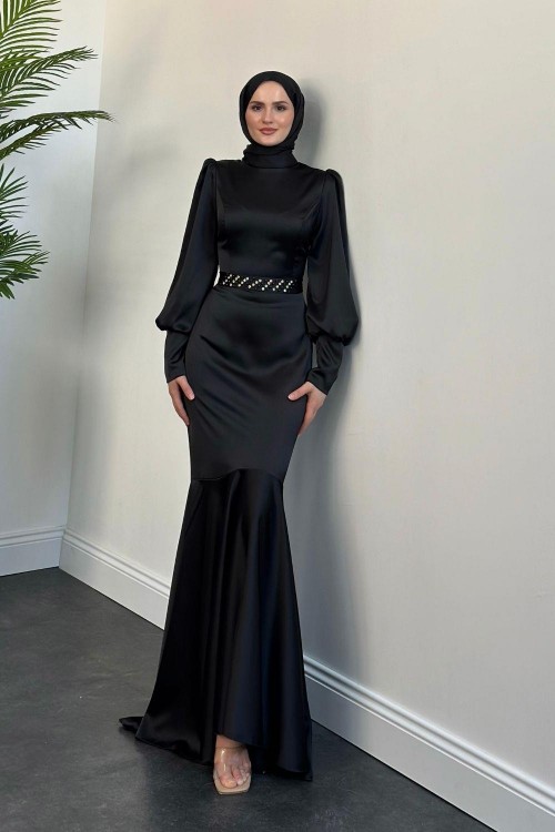 Nellie Kemeri Taşlı Balık Abiye Siyah
