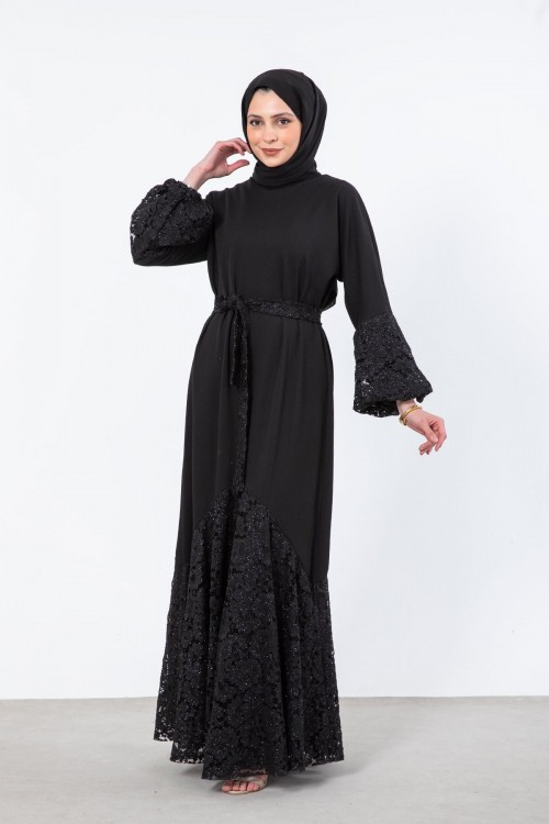 Altı Dantel Detaylı Elbise Siyah